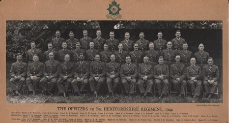 Major Crofts and the Officers of the 1st Battalion The Herefordshire Regiment, Aldershot 1944 before embarking for Normandy.