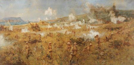 The painting of the Suvla Bay Landings and Advance of the Herefordshire Regiment. The original hangs in the Suvla Barracks.