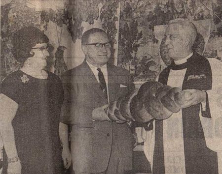 Reg as vicar of Pixley at Harvest Festival with Tommy and Audrey Townsend - landlord and lady of the Trumpet pub.