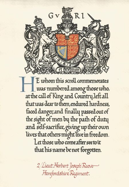 The Memorial Scroll (which accompanied the Memorial Plaque) awarded to Second Lieutenant Herbert Joseph Reeve, evacuated from Gallipoli and died in hospital in Malta 24th September 1915.