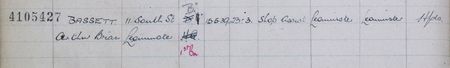 Cpl Bassett's entry in the Battalion enlistment book
