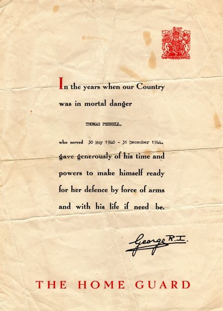 Sgt Pennell's Certificate of service showing service from formation to disbandment of the Home Guard