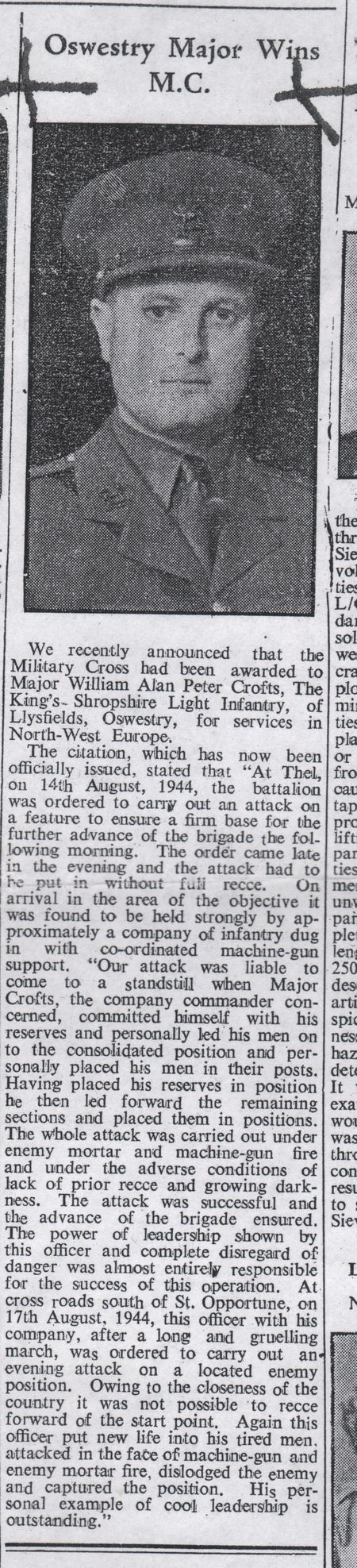 A newspaper report telling of the award of the Military Cross to Maj Crofts - it says he is serving with the Kings Shropshire Light Infantry - this is incorrect!