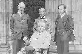 Sir Edward Elgar, with Percy Hill and the directors of music of Gloucester and Worcester at a restarted Three Choirs Festival in the 1920s.