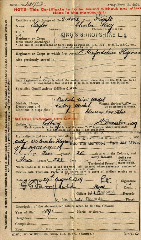 Pte Taylor's discharge certificate