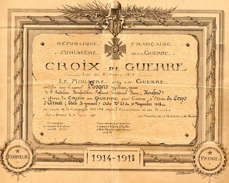 Sgt Rogers' Croix Def Guerre certificate