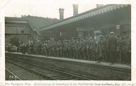 Ledbury Territorials parade at the Railway Station of the outbreak of The First World War