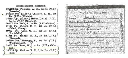 The London Gazette entry and Military medal Medal card for Sjt Watkins