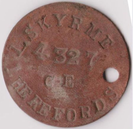 World War 1 ID Disc for 4327 Pte L Skyrme of The Herefordshire Regiment