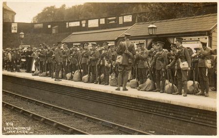 Mobilised troops wait at Knighton station for transport to Hereford