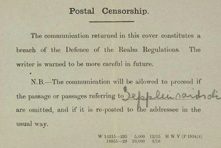 DOA introduced censorship as indicated by this admonishment slip where Zeppelin Raids had been mentioned in correspondence contrary to DORA.